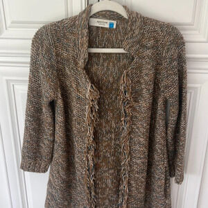 SPARROW Anthropologie Open Front Fringe Cardigan S Wool Blend 3/4 Sleeves brown